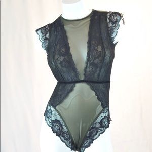 Microfiber ruffle lace body suit in olive green